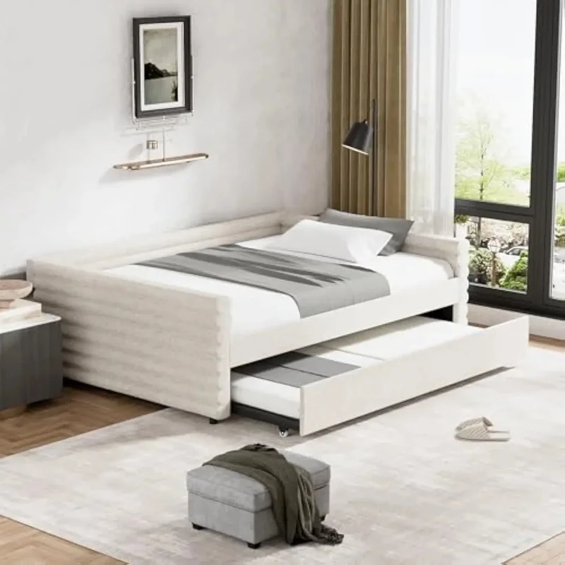 سرير نهاري منجد بالحجم الكامل مع دولاب ومسند ظهر، ودعم شريحة خشبية، ونسيج كتان، وحجم مزدوج #1