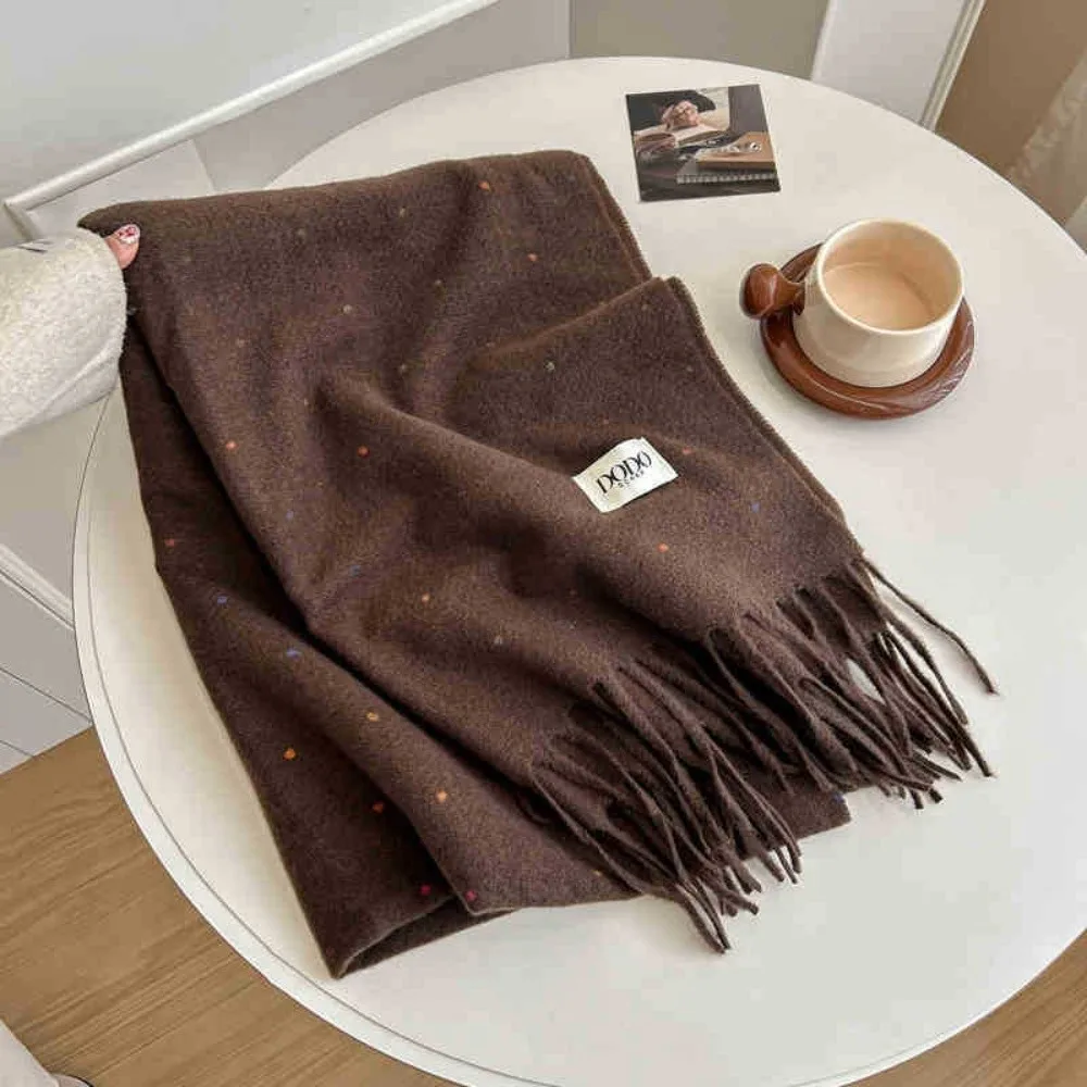New Polka Dot Winter Cashmere Scarf with Tassel Solid Color Wool Scarves Thickened Warm Pashmina Shawl Wrap Outdoor
