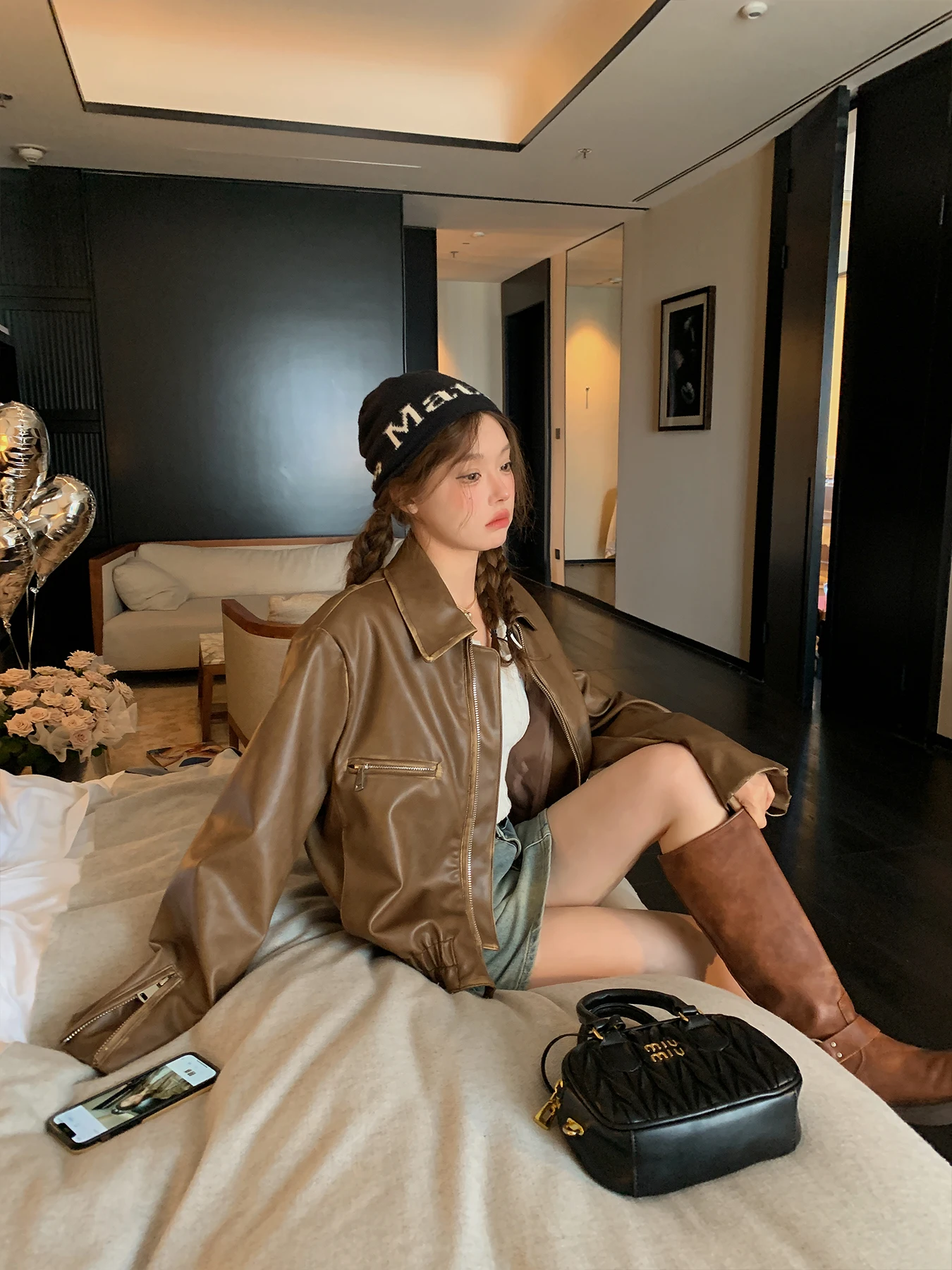 الرجعية Waed الجلود Jaet المرأة الحلو بارد الأمريكية Sle ort معطف فضفاض صالح دراجة نارية Jaet الخريف وصول جديد