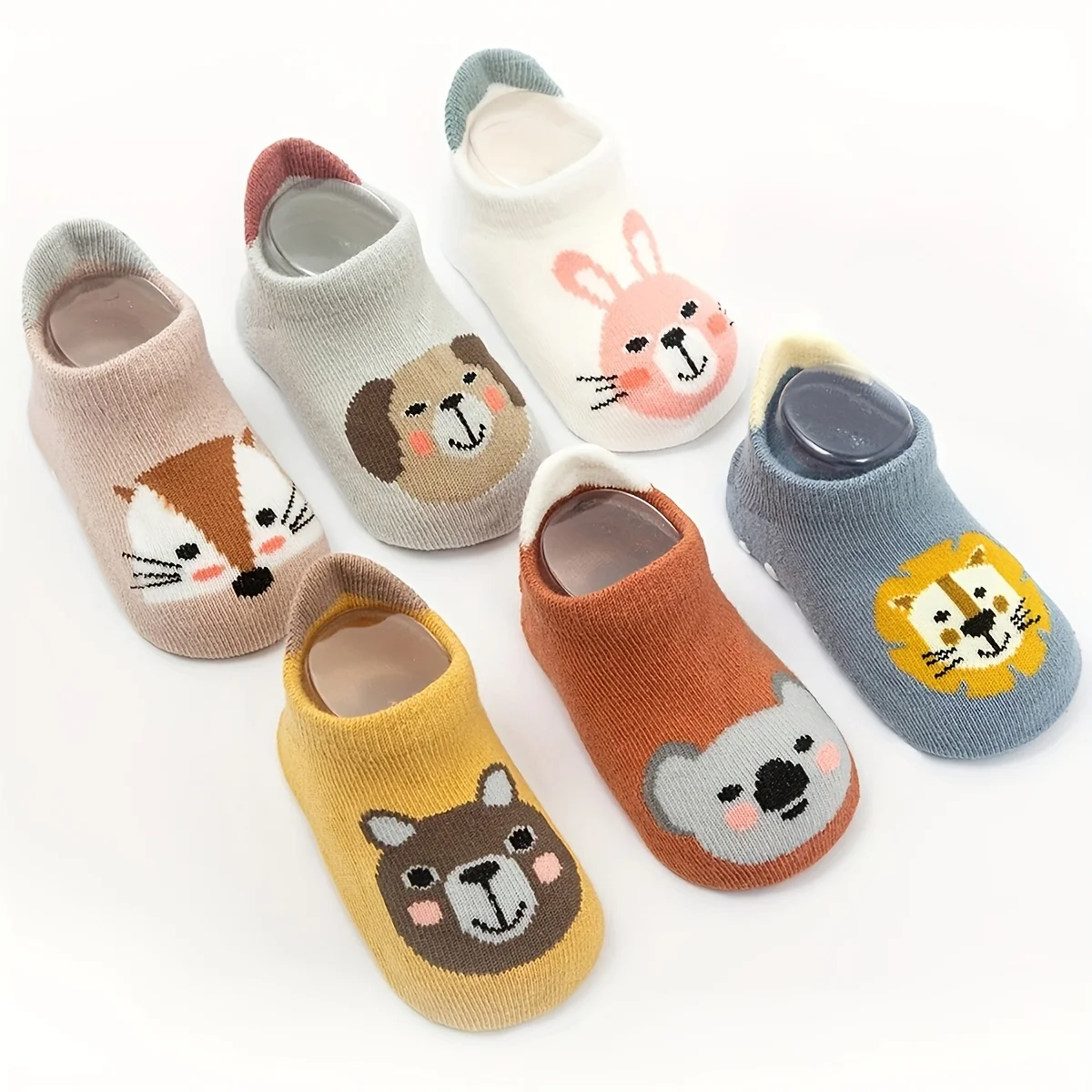 6 pairs of boys and girls' anti slip socks with cute cartoon animal patterns, comfortable and breathable baby floor socks