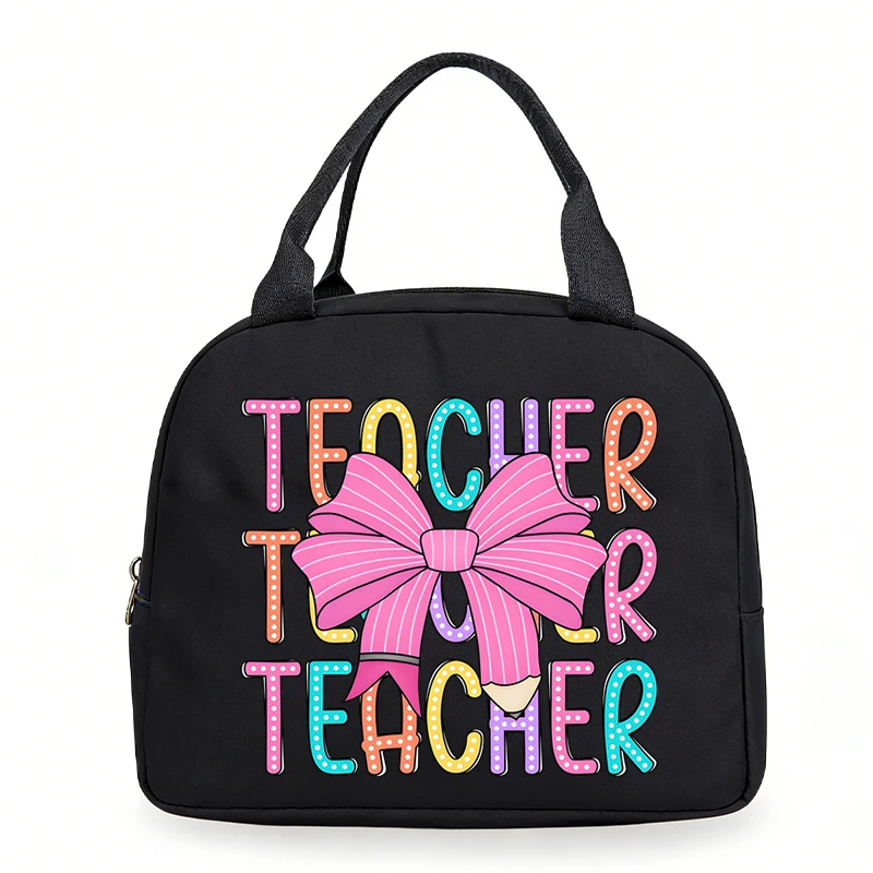 Portable Lunch Bag Teacher Pencil Bow Graphics Women Thermal Insulated Lunch Box Tote Cooler Handbag Teacher Lunch Bags Gifts