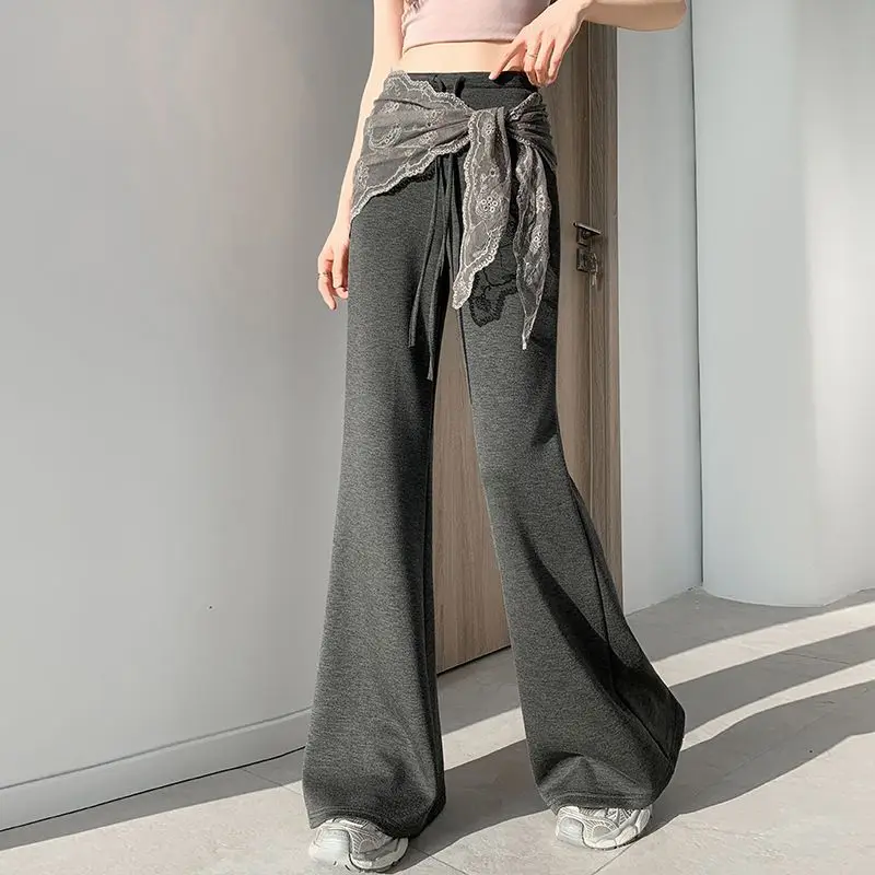 Lace lace up fart curtain micro flared pants women high waisted and narrow version casual sports floor mopping flared pants