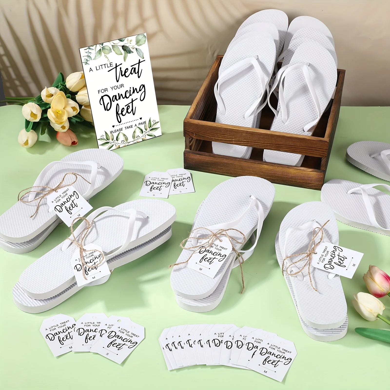 25pcs Bulk Wedding Flip Flops for Guests - Elegant Arch Support Sandals with Decorative Ropes & Wedding Sign Tags, Durable Paper/Wood Material, Comfortable Slip-Resistant Sole - Ideal for Bridal Showers, Weddings, Parties - No Electricity Needed