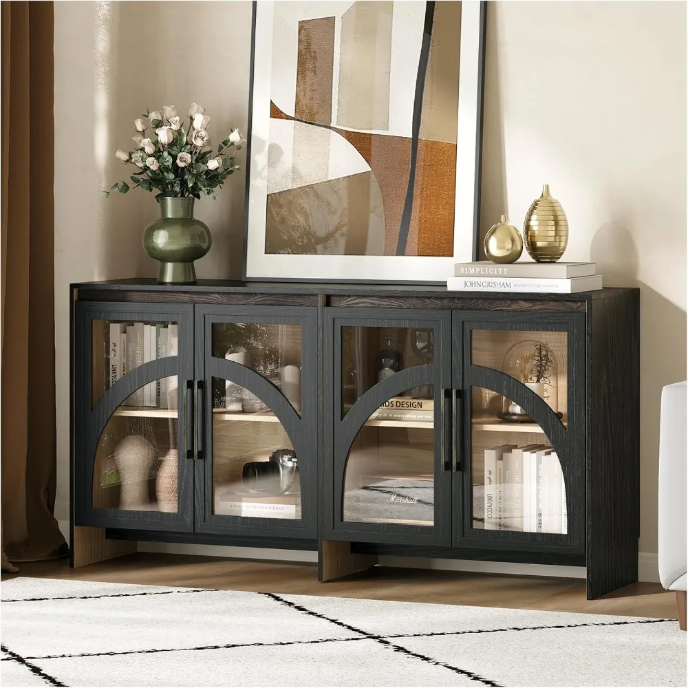 

Буфет-сервант с местом для хранения вещей, большой сервант 63 дюйма с 4 стеклянными дверцами, современный акцентный шкаф, черные кремовые шторы для гостиной