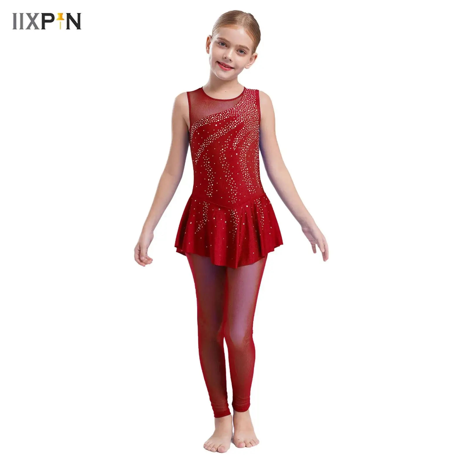 

Kids Girls Ballet Dance Gymnastics Jumpsuit Shiny Rhinestones Sleeveless Sheer Mesh Splice Skirted Leotard Bodysuit Ice Skating