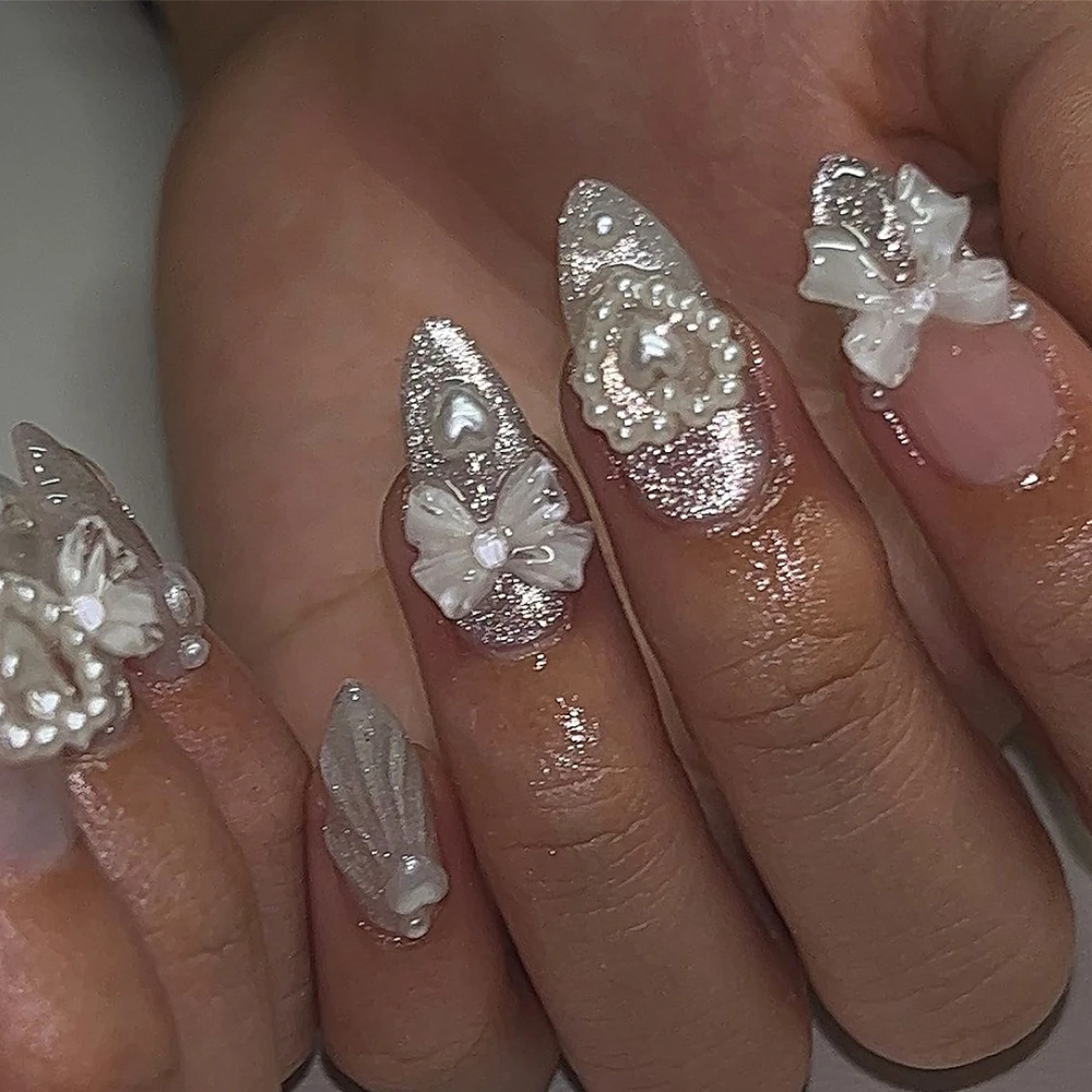 

3D Bowknot Love Pearl Sparkling Cat Eye Nail Art Shiny Fashion Almond Fake Nails Detachable Finished False Nails Press on Nails