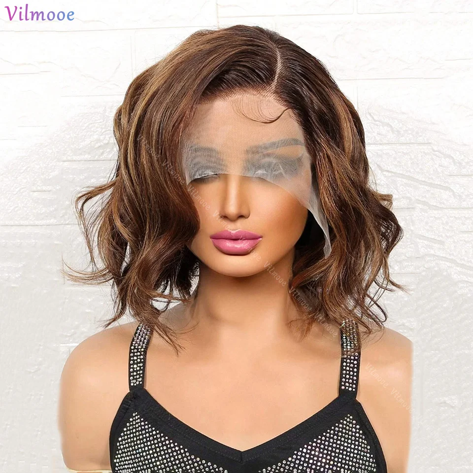 

Transparen Short Bob Wave Human Hair 13x4 Silk Base Lace Front Wigs Brown Blonde Highlights Remy Hair Wavy 150% 5x5 Silk Top Wig