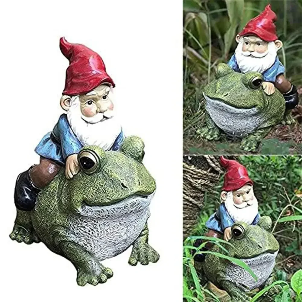 

Micro Landscape Gnome Statue Cute Resin Cartoon Sitting on Frog Gnome Sculpture Craft Dwarf Figurines Garden Decoration