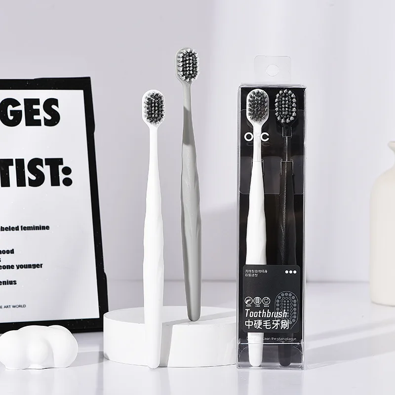 2PCS Color Random Medium Hard Bristled Adult Home Couple Toothbrush Wide Head Cleaning Toothbrush Man Travel Teeth Oral Care Set