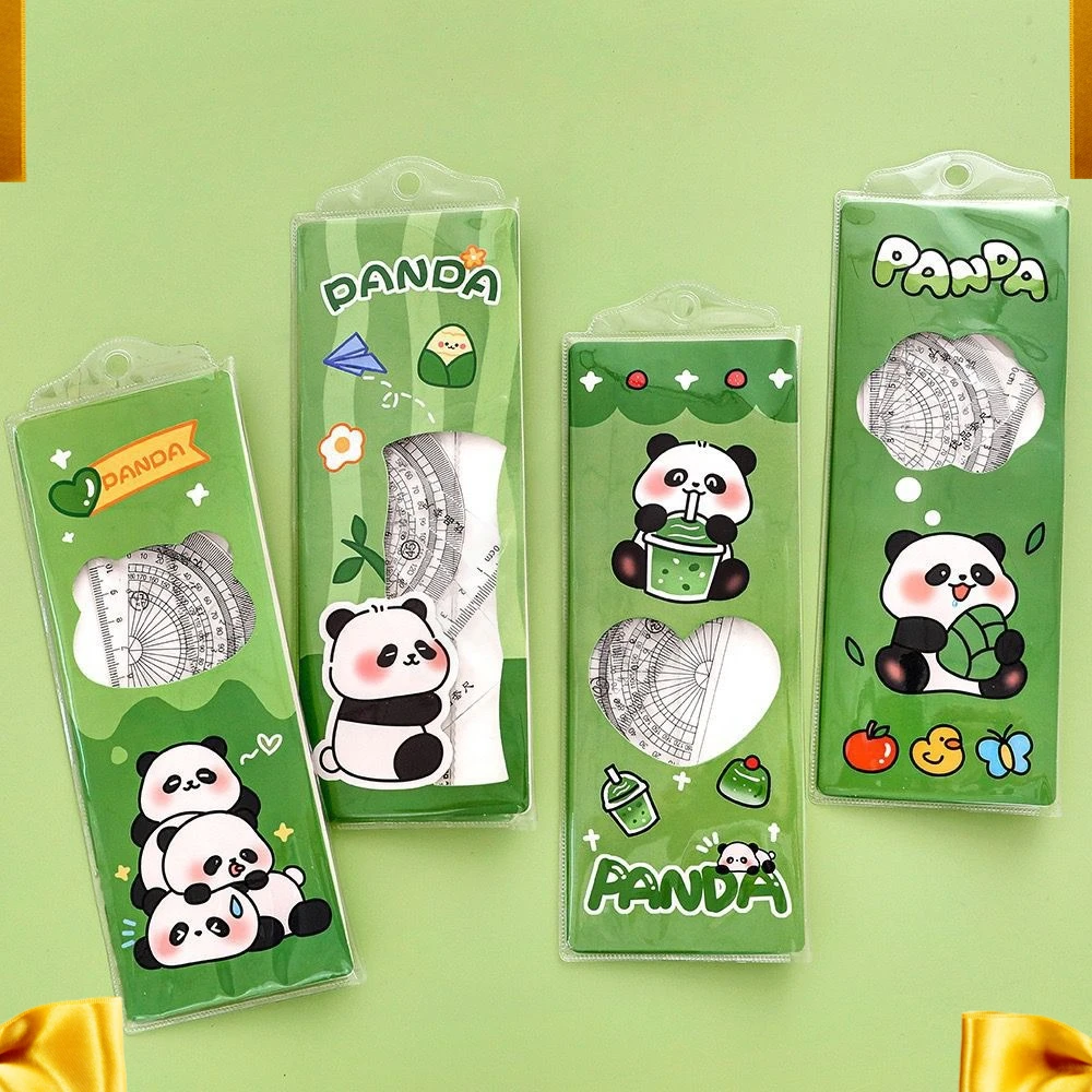 12 Sets Cartoon Panda Set Ruler Four-piece Set Student Triangular Protractor Wavy Line Ruler Suitable for Office Classrooms