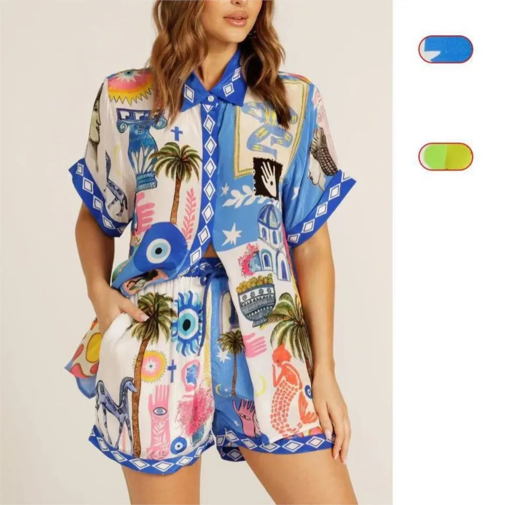 

Fashion Printed Short-sleeved Shirt Shorts 2 Piece Summer Simple New Casual Loose Pocket Shorts Beach Vacation Suit For Women's