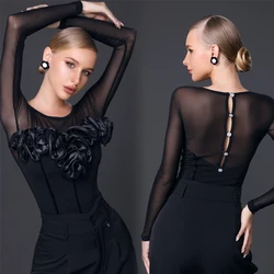 Women Latin Waltz Ballroom Dance Competition Tops Sexy Mesh Sleeves Latin Tops Stage Performance Modern Dancing Top SL7664