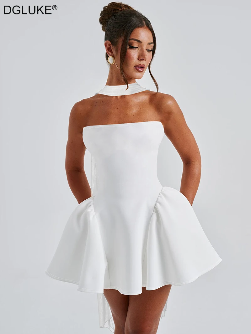 

DGLUKE White Strapless Mini Dress For Women Slash Neck Backless Pleated A-line Dress Summer Short Club Party Dresses