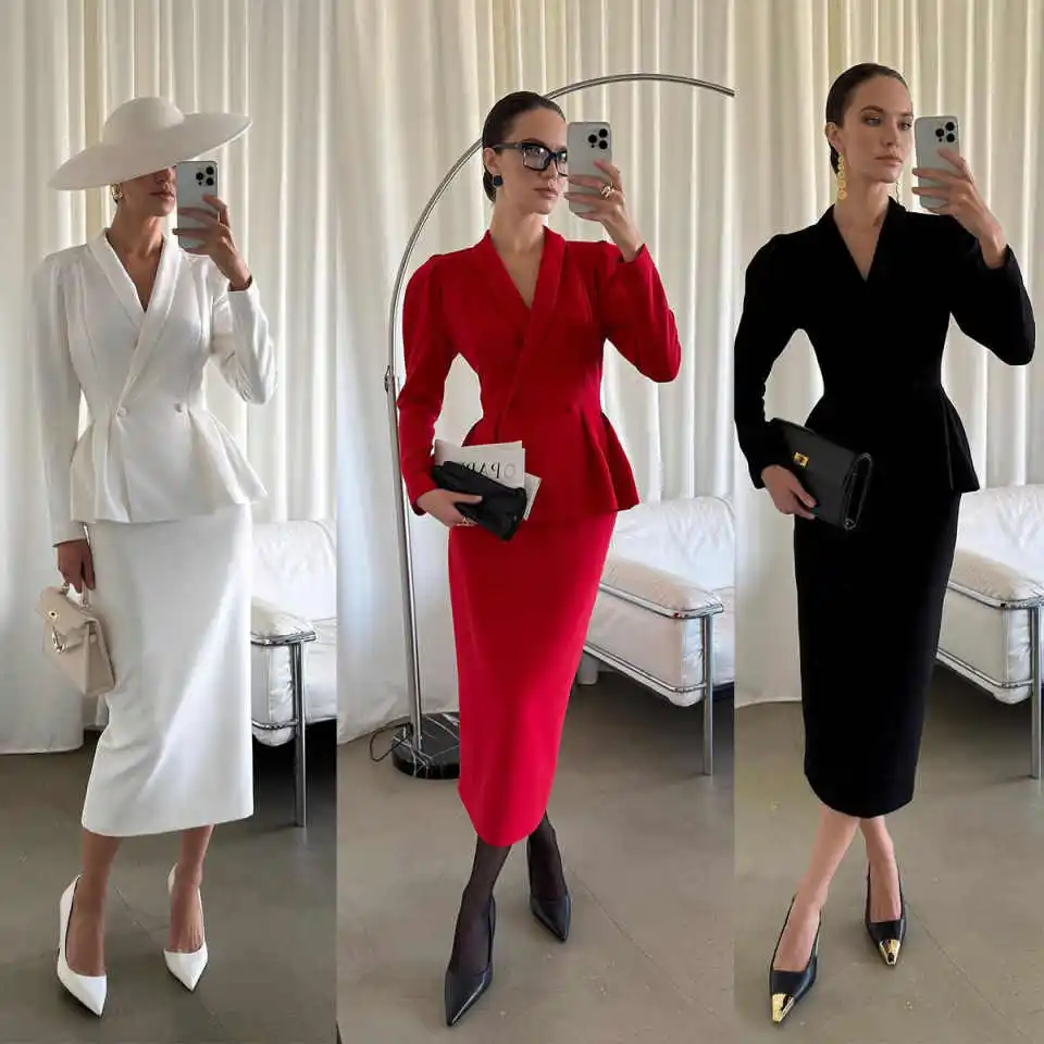 Elegant 2 Pieces Women Dress Slim Fit Tea Length Gown Shawl Lapel Customized Fashion Party Daily Dresses