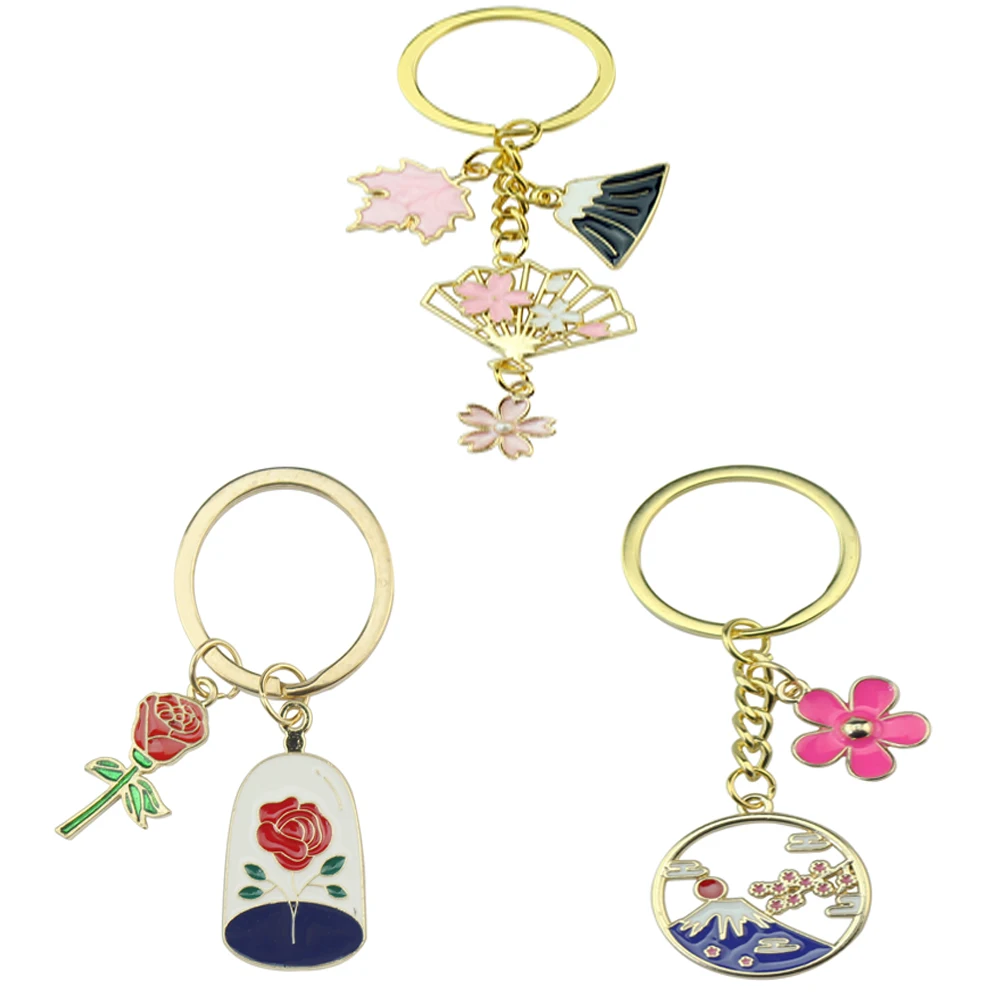 Cartoon Keychain Japan Fuji Mountain Sakura Key Ring Flower Enamel Key Chains Souvenir Girl Friend Sisters Gift for Women