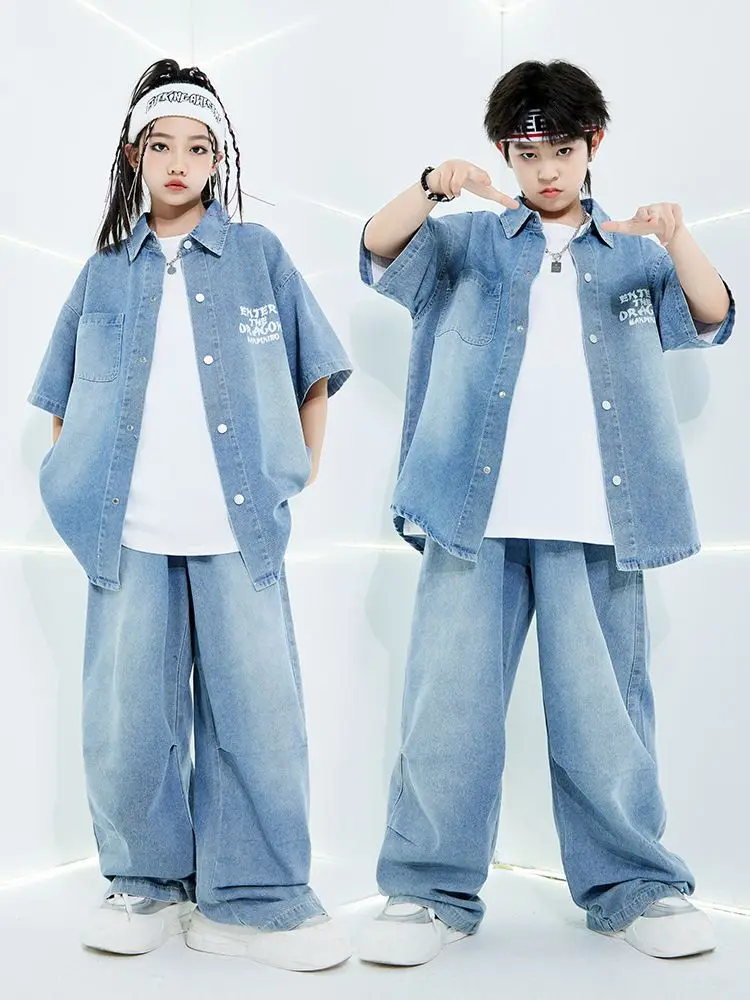 Denim Shirt Hip Hop Suit Children Jazz Performance Costumes Kids Ballroom Hip Hop Dance Festival Clothes Boys Street Wear