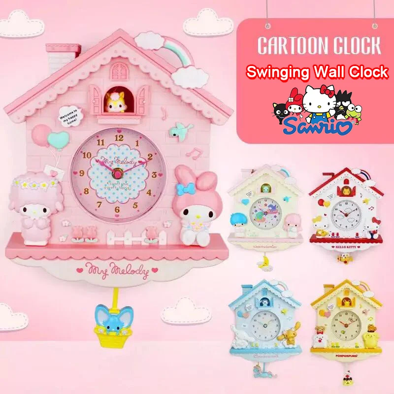 Sanrio Hello Kitty Quartz Wall Clock Cinnamoroll Melody Mute Wall Hanging Swing Clock Bedroom Office Home Decorative Anime Gift