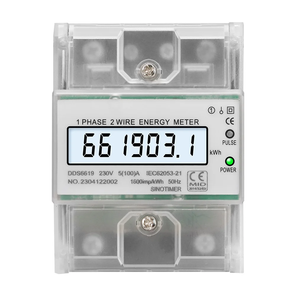 DDS6619-031 Din-rail AC230V 5(100)A 1 Phase 2 Wire Energy Meter LCD Backlight Displays Electricity kWh Household Energy Meter