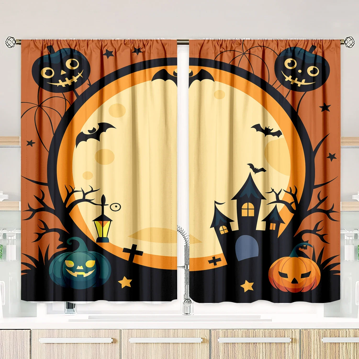 ​​Spooky Halloween Printed Curtains - 2-Piece Polyester Set for Bedroom, Living Room & Study Decor, Festive Window Treatment