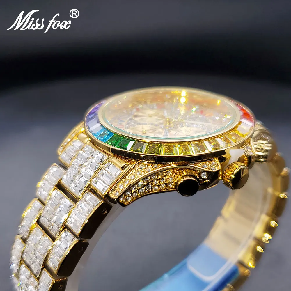 Gold Men\'s Watch Full Baguette Stainless Steel Luxury Rainbow Diamond Bezel Quartz Watches For Man Three Dial Clock Dropshipping