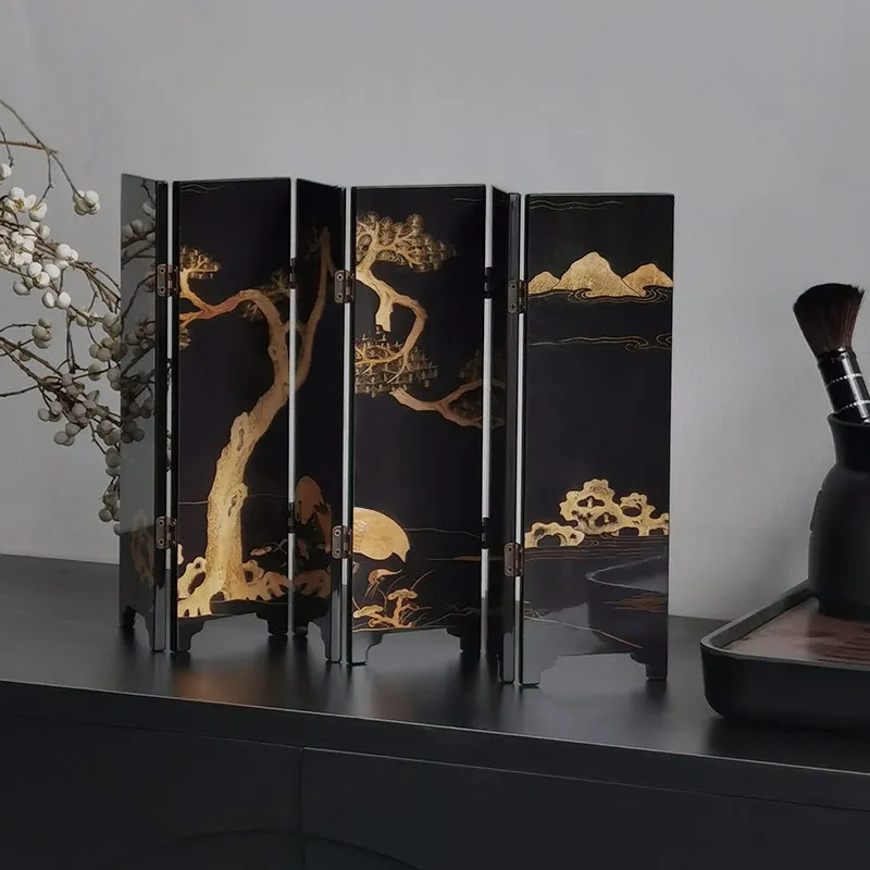 Classical Black Folding Screen Decorative Painting, Study Table Setting. Holiday Birthday Gifts Lacquerware Art Crafts