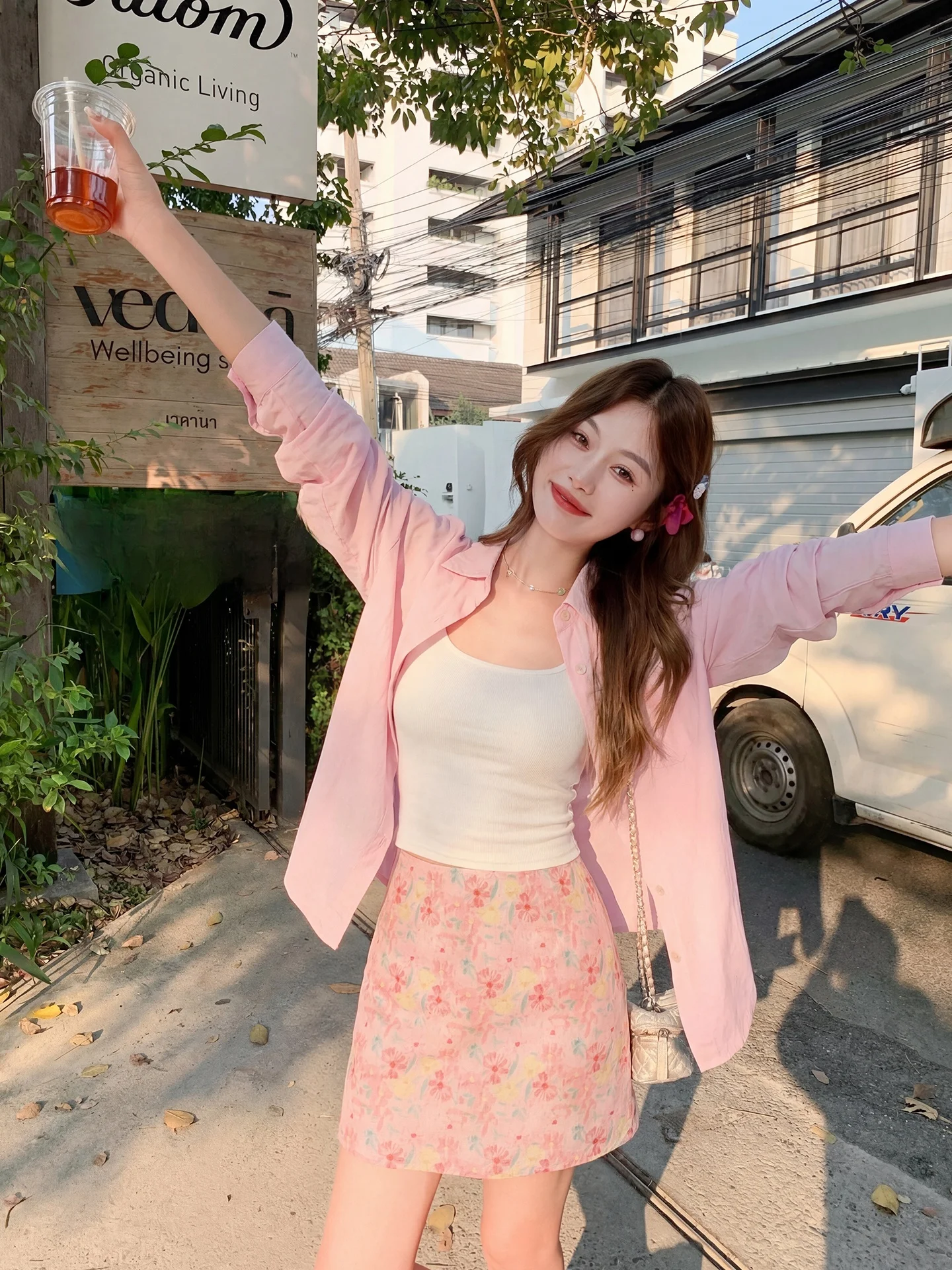 

Свободная женская розовая рубашка-куртка в корейском стиле, новинка весны, комплект с юбкой, длинный рукав, воротник, застежка на пуговицы, защита от солнца