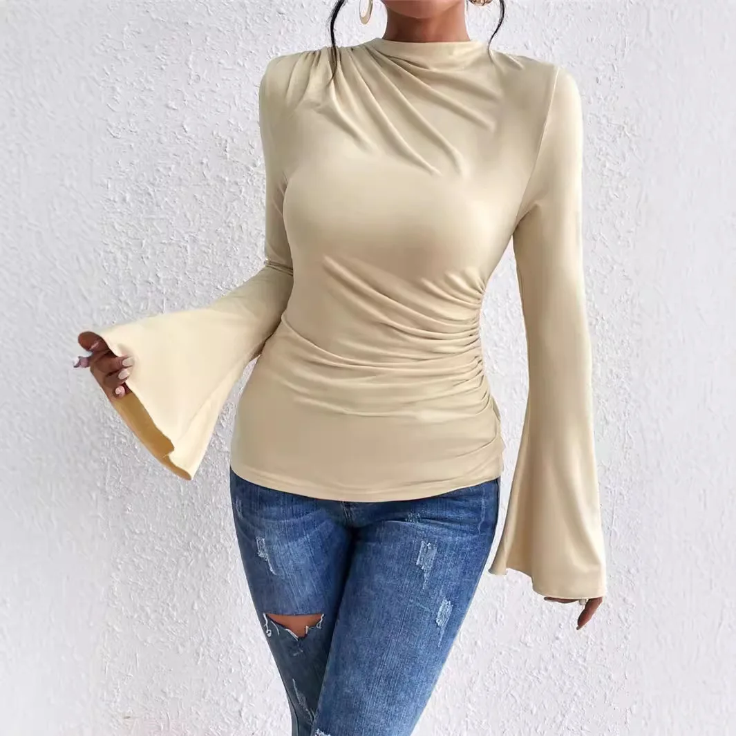 

Spring Autumn All-match Slim T Shirt Women Design Sense Flared Sleeve Fold Bodycon T Shirts Tops Solid Color Fashion Streetwear