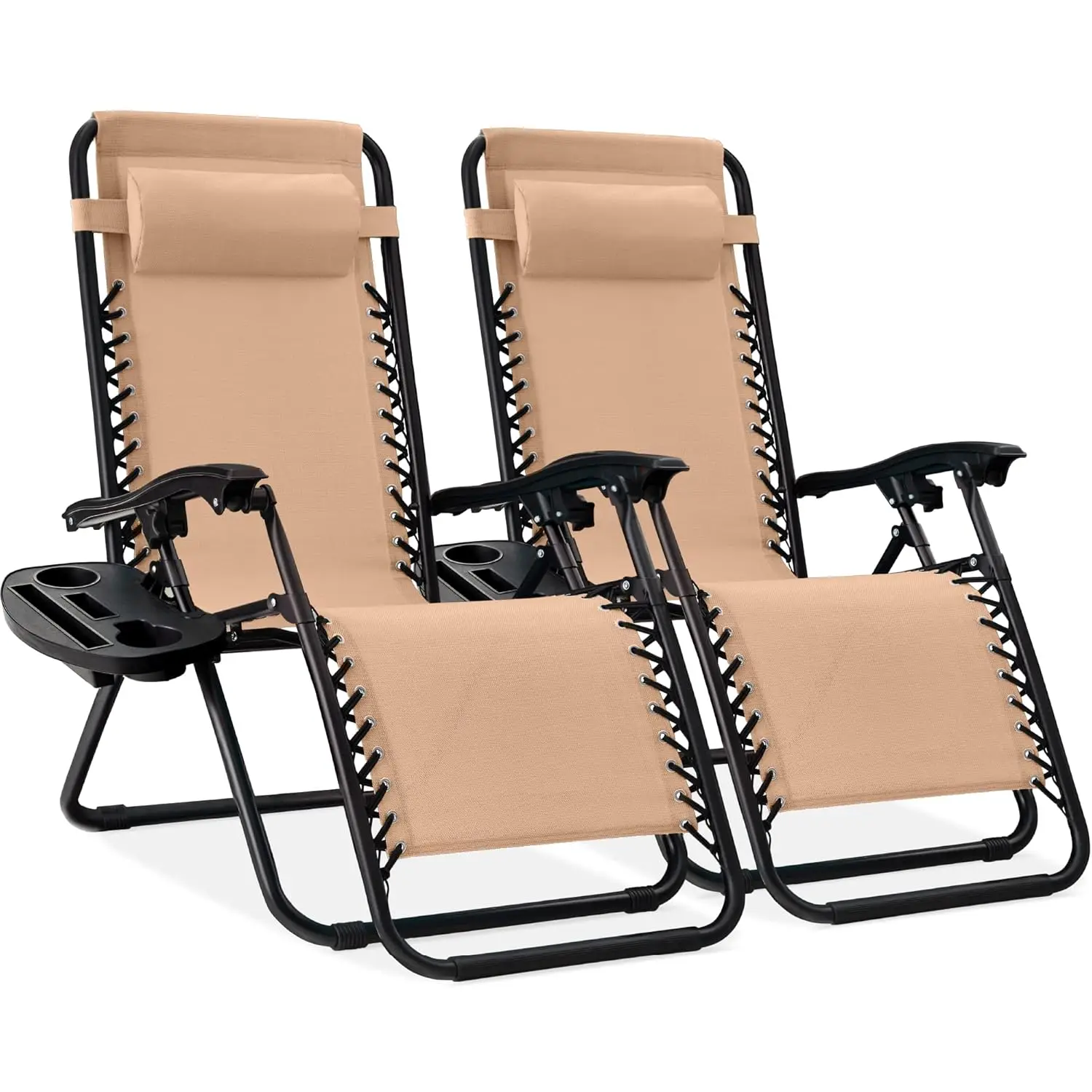 

Set of 2 Adjustable Steel Mesh Zero Gravity Lounge Chair Recliners w/Pillows and Cup Holder Trays - Beige