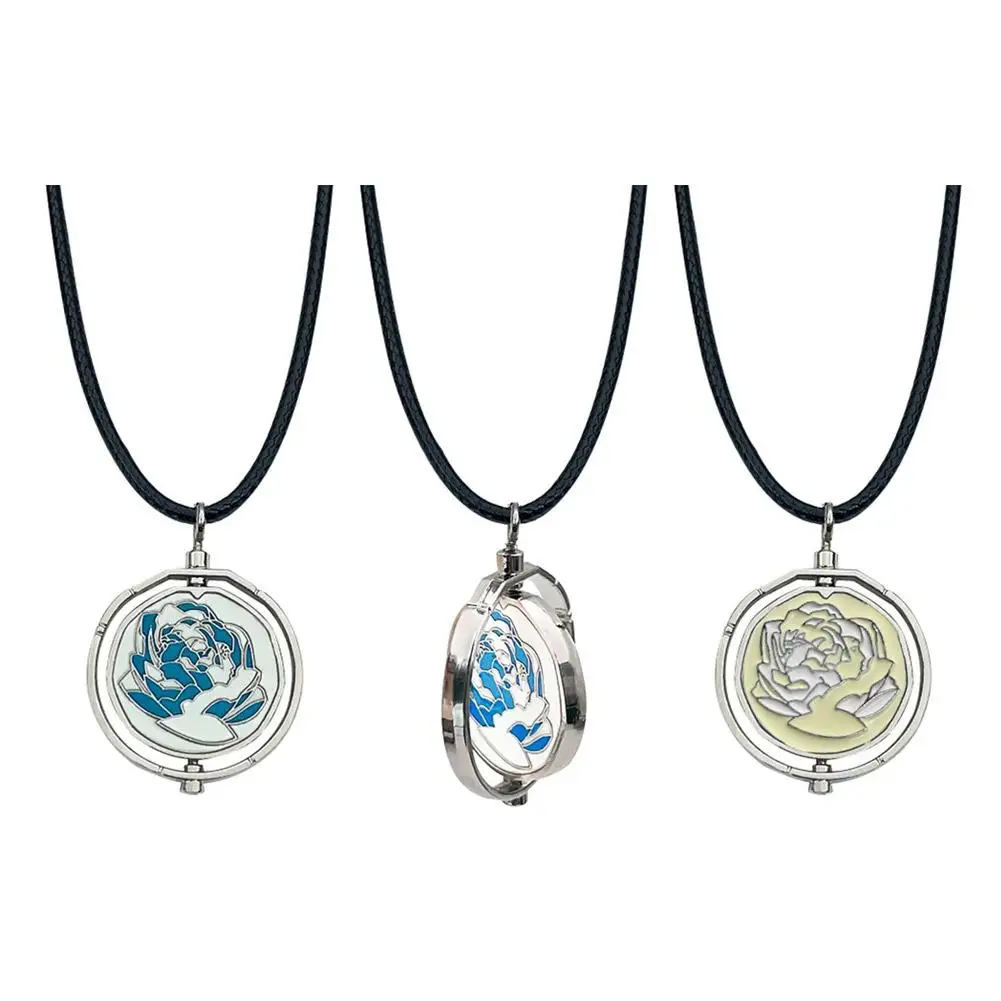 Anime LOL Arcane Jinx Ekko Blue Rose Pendant Necklace Friends & Lovers Chain Jewerly Blue Rose Rotating Necklace