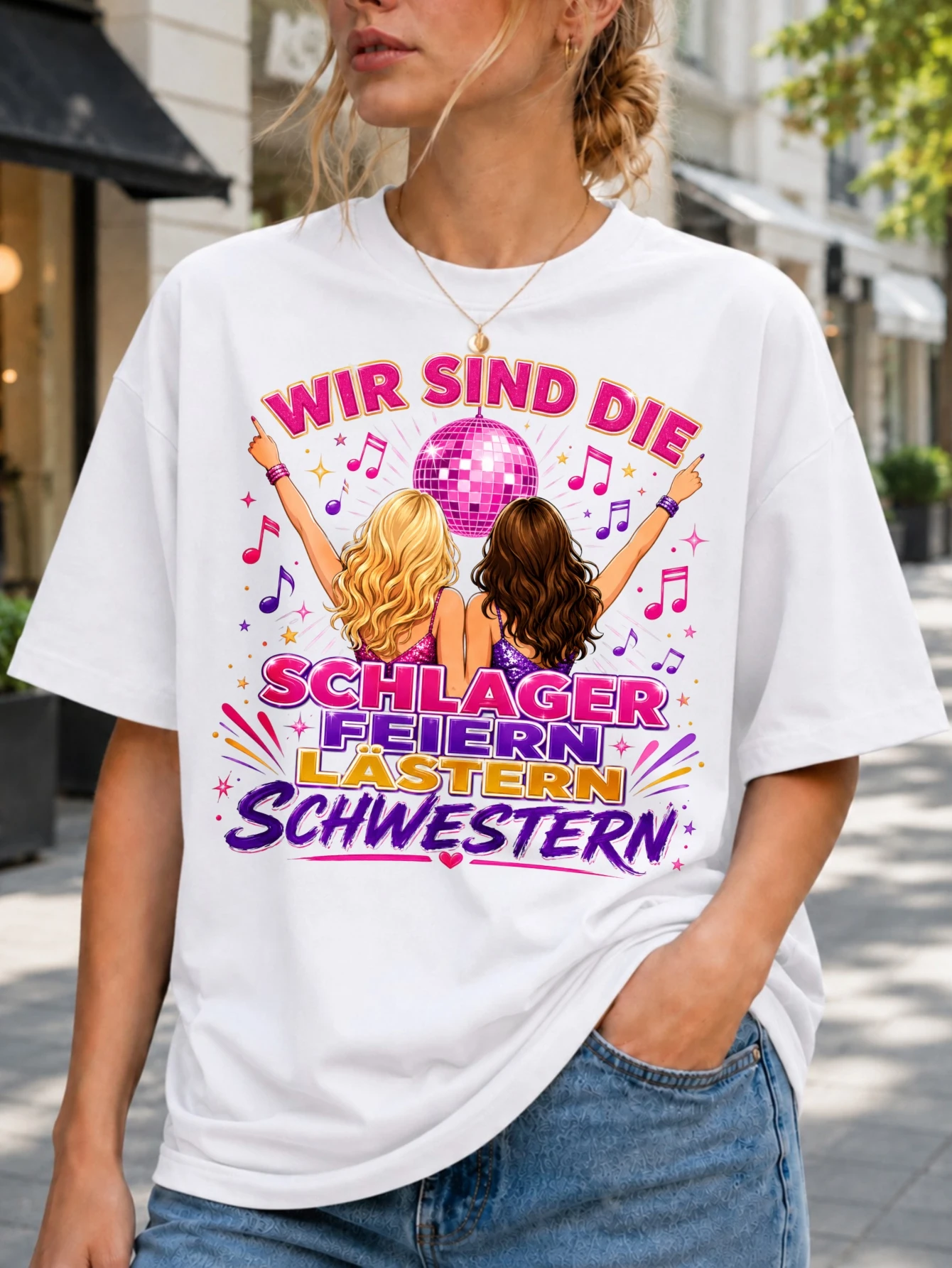 Wir Sind Die Schlager Feiern Lastern Schwestern Tee with two dancing disco ball and colorful music  Unisex All T-Shirt