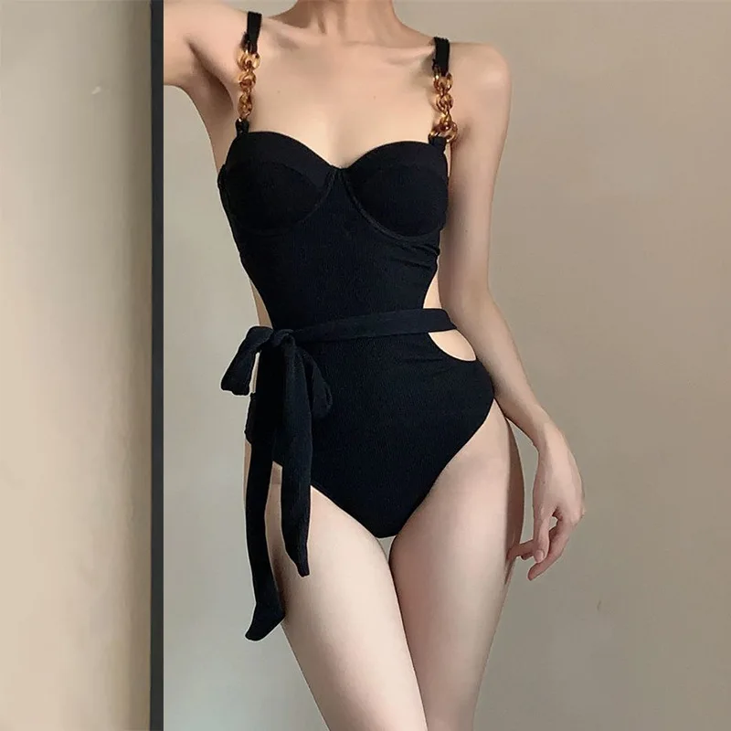 

Slimming One-Piece Swimsuit Korean Style Women's Beachwear Conservative High-Waisted Bikini Pure Color Strap Design 2024 New Arr