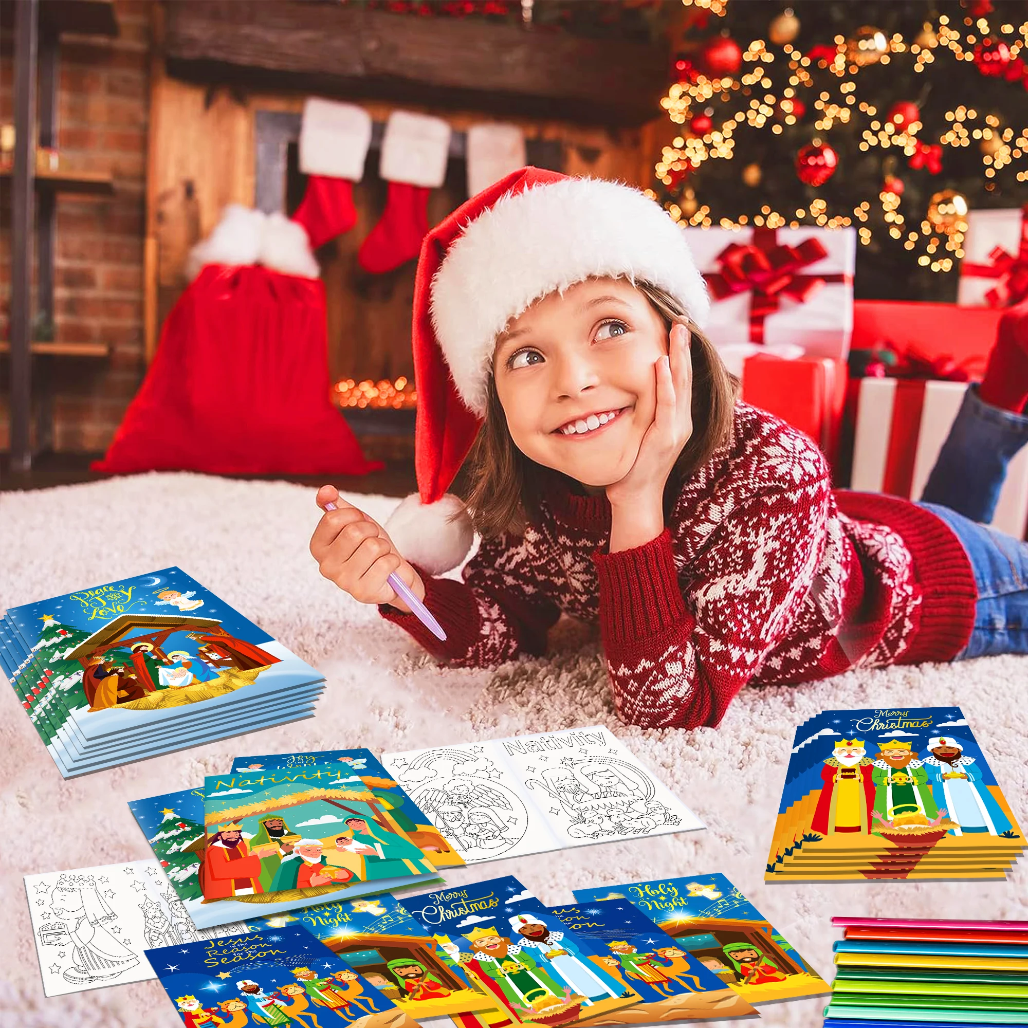 12pcs Nativity Christmas Graffiti Painting Book DIY Coloring Picture Book Baby Shower Birthday Party Decor Drawing Notebook