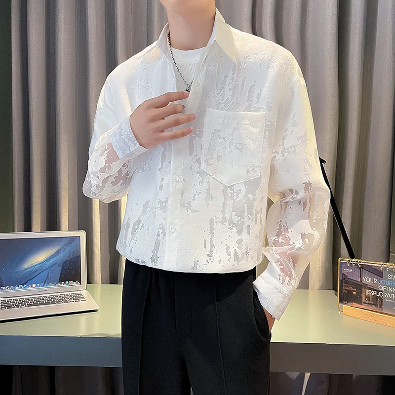 

Men Summer Hollow Organza See Through Long Sleeve Vintage Loose Casual Beach Sunscreen Shirts Oversize Blouses Party Dress Shirt