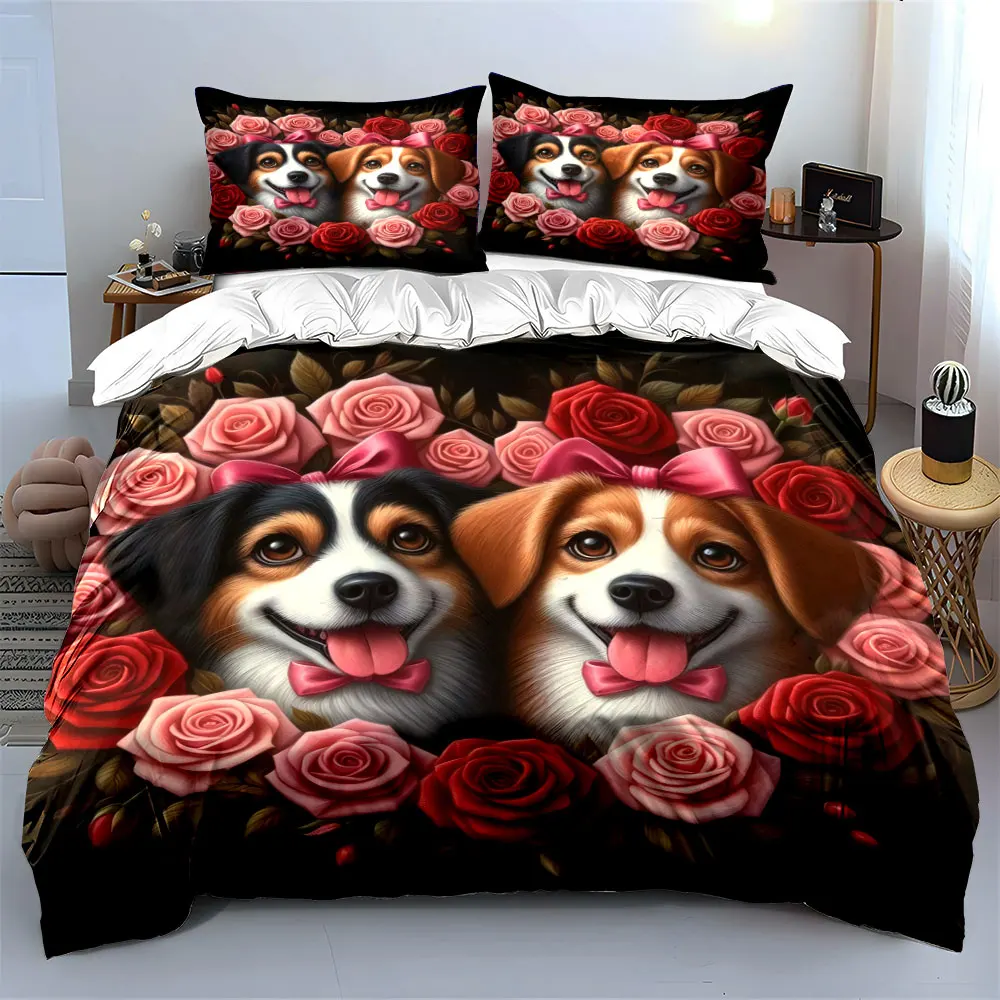 Two happy dogs with pink bows surrounded by roses Print Duvet Cover Bedding Set Included 1*Duvet Cover 2*Pillowcases