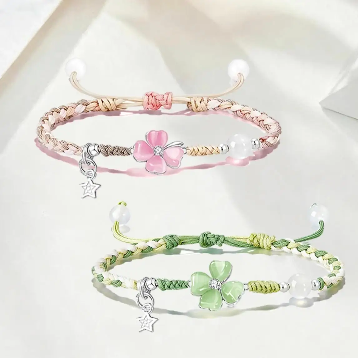 Classic Jade Clover Flower Pendant Women Jewelry Trendy Braided Rope Bracelet For Lady Hand Accessories