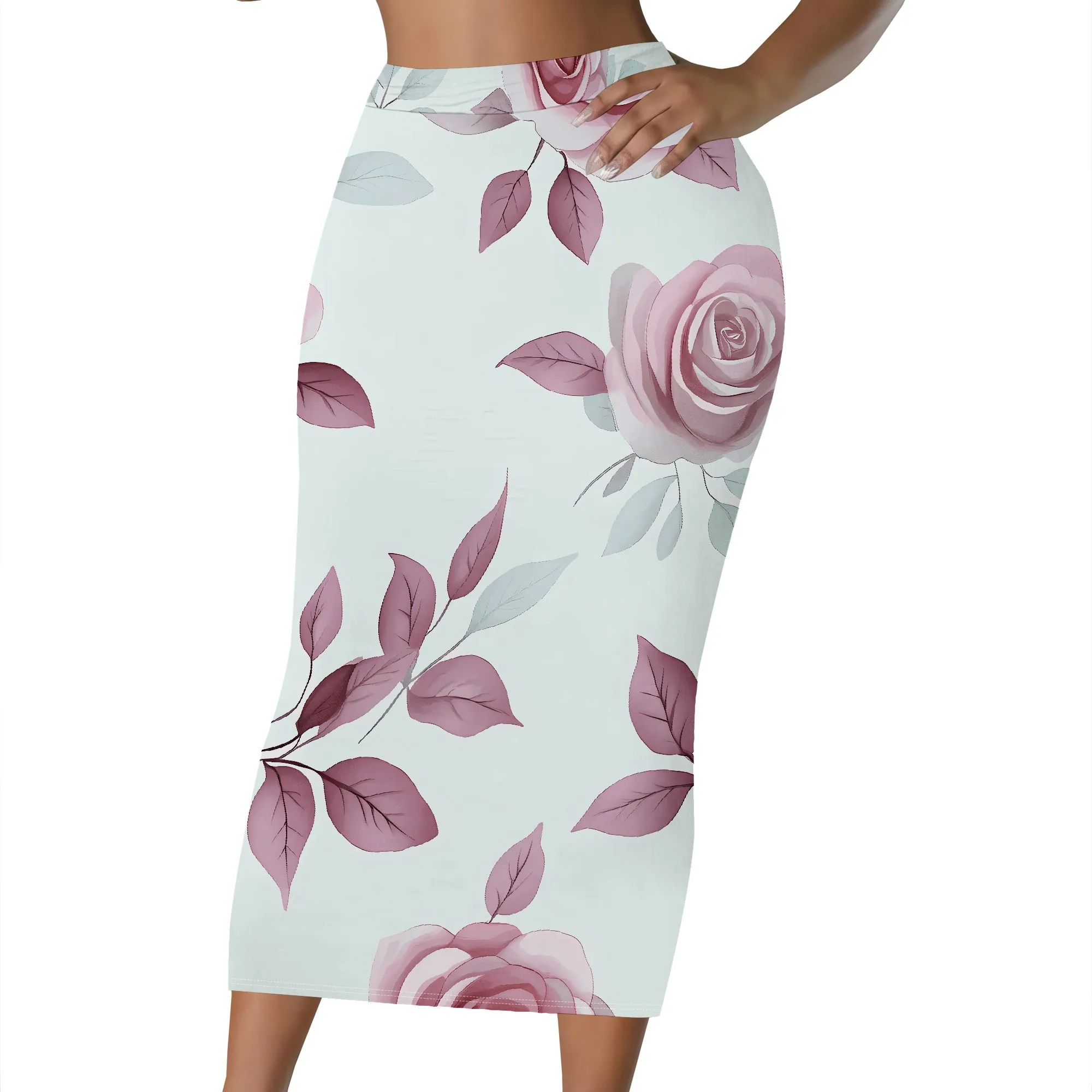Aquarell-Blumen-Midirock, lila-rosa Blätter-Print, Bleistiftrock mit elastischem Bund, Büro- und Partykleidung, S-2XL – Detail 8