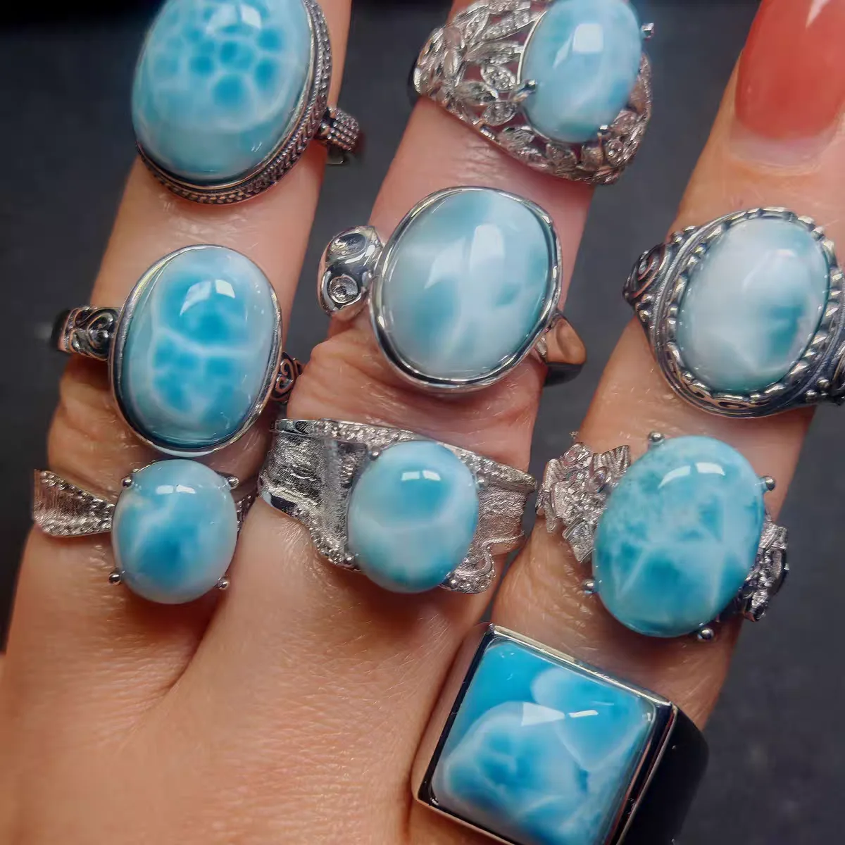 

Natural Blue Larimar Ring Jewelry Dominia Larimar Bead Adjustable Rare Larimar Oval Water Pattern Fshion AAAAAA