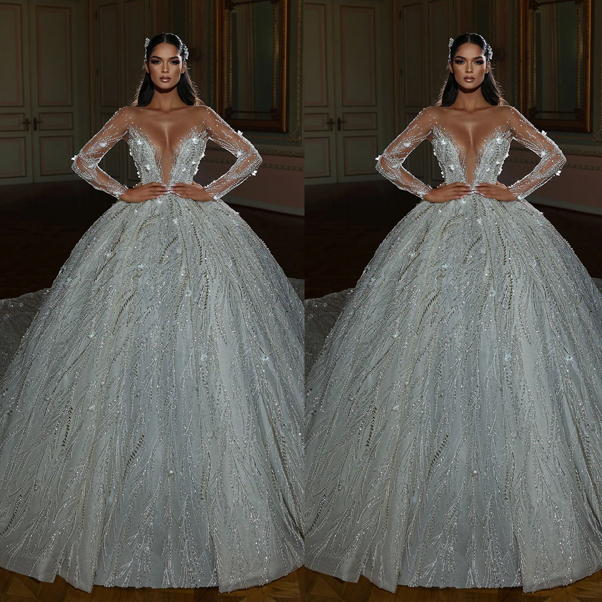 Elegant Ball Gown Wedding Dresses V Neck Long Sleeves Appliques Lace Bridal Gowns Custom Made Sweep Train Robe De Mariee