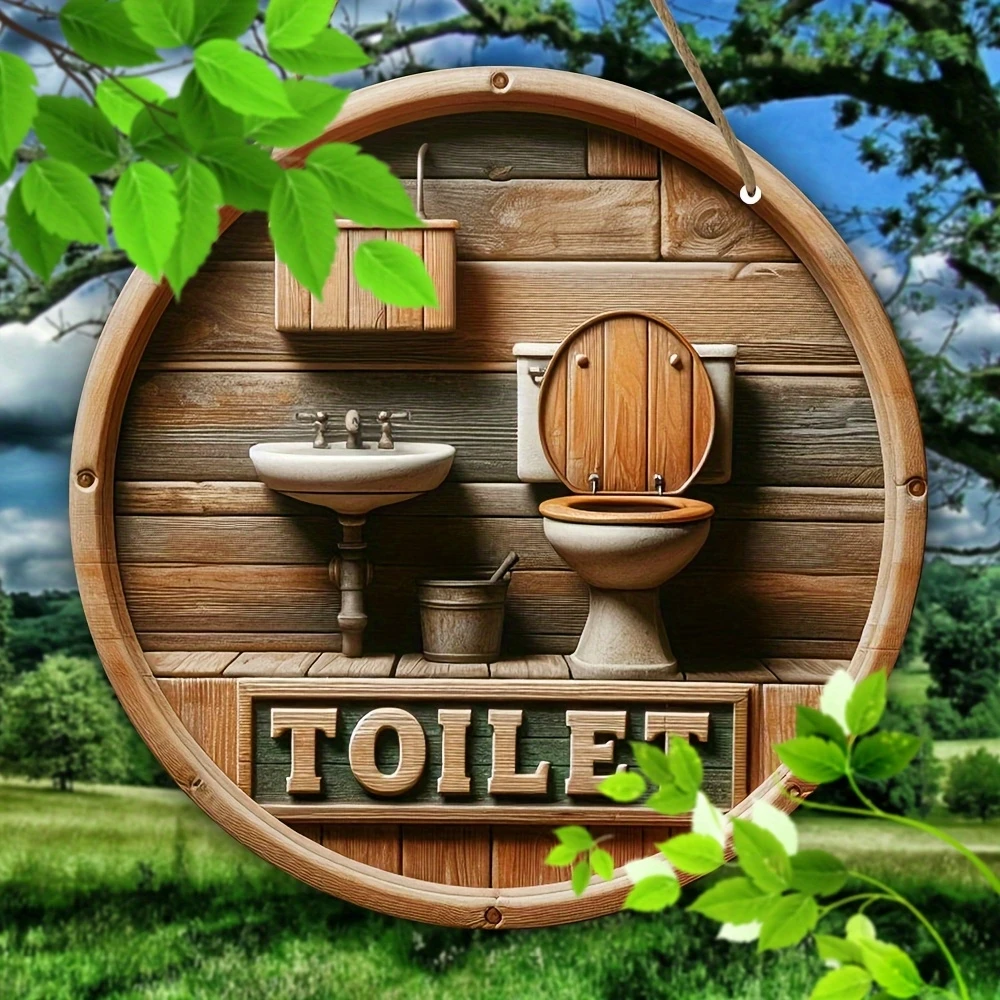 2D 8in Vintage Toilet wash basin Brown Board Theme Round metal Home Kitchen Club Garden Garage Office Wall Decor Holiday Gift