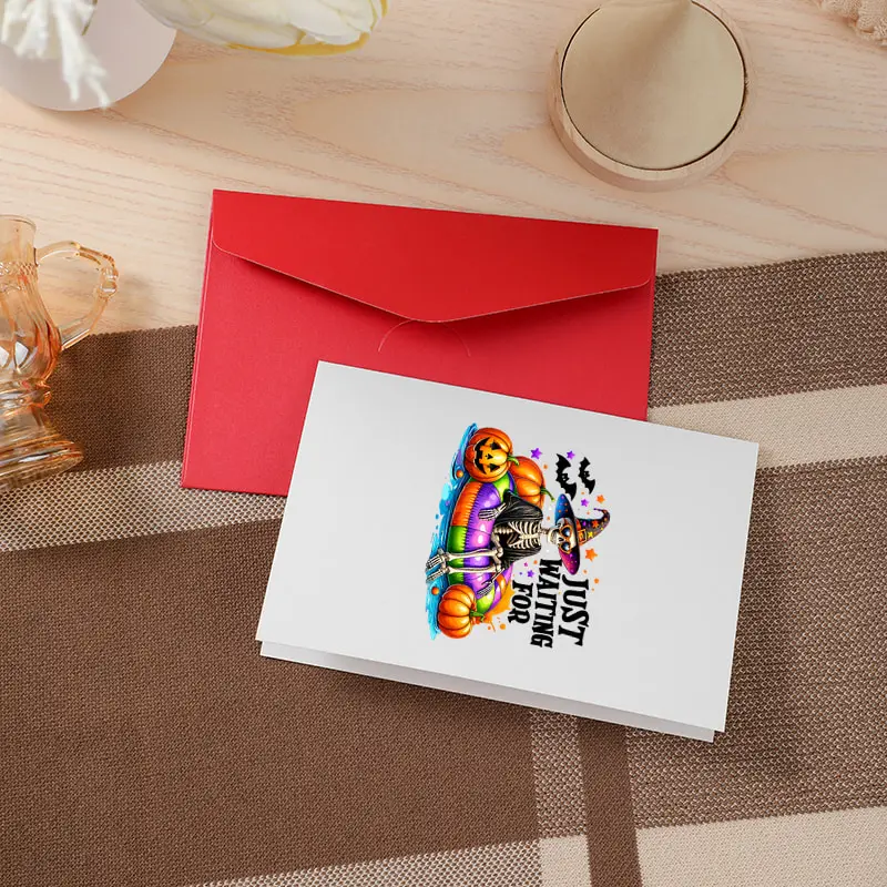 Just Waiting for Halloween Skeleton Greeting Card Witch Hat Pool Float Blank Party Note Card Halloween Party Invitation Card