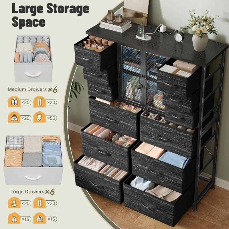 Commode haute avec 12 tiroirs pour chambre à coucher avec station de recharge et porte en maille Commodes en tissu noir, 11,8" P x 37,8" L x 50,6" H