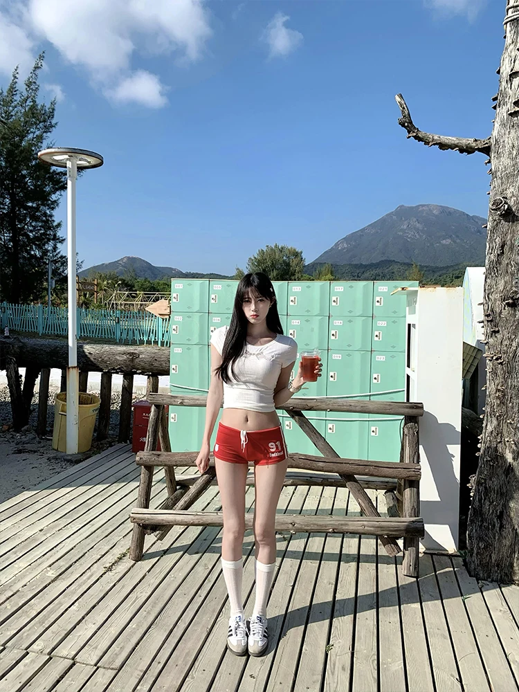 Cseta de Manga Corta con Encaje Dulce y Picante Estilo Americano para Mujer, Top Corto Ajustado con Lazo de Mariposa y Dis...