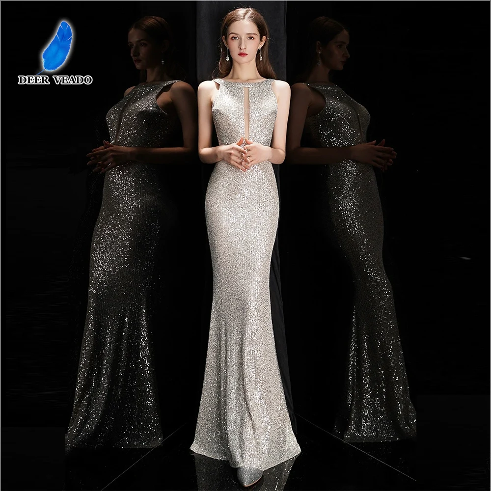 

DEERVEADO 7 Colors Mermaid O-Neck Sequins Evening Dresses Woman Elegant Formal Occasion Party Dresses Gala Prom Dresses Long