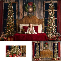 Xmas Bed Headboard Trees Backdrops Kids Adult Photography Props Child Family Photocall Decors Wreath Backgrounds