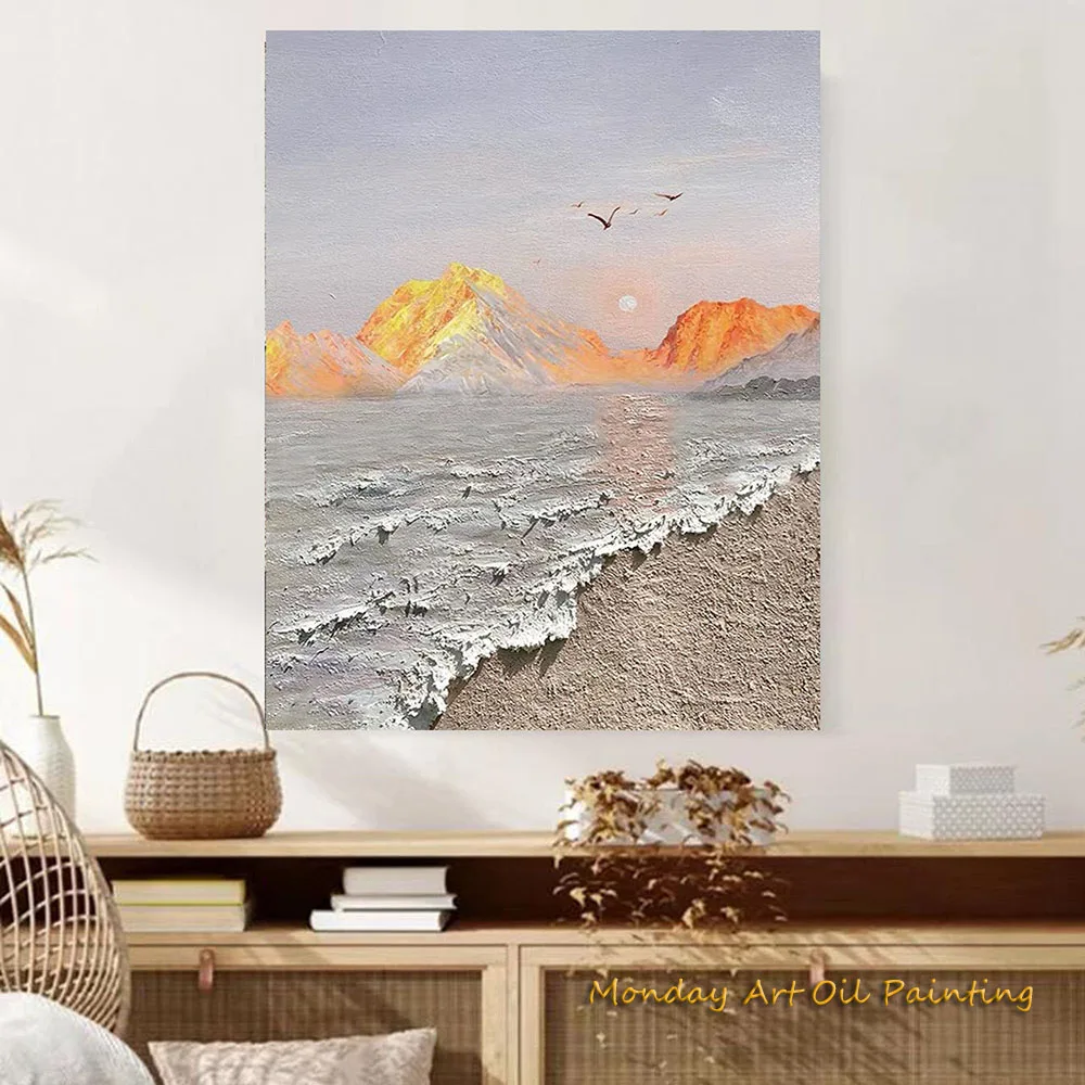 Original Hand Painted Sunrise Ocean Large Canvas Coast Oil Painting Sea Landscape Palette Bedroom Home Decor Christmas gift