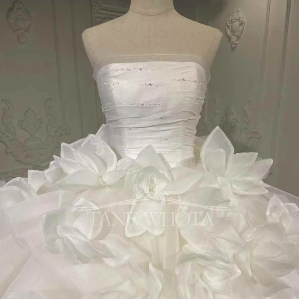 Robe De Mariée Femme Strapless Lace Up กลับหรูหราชุดบอลซาตินชุดแต่งงานดอกไม้