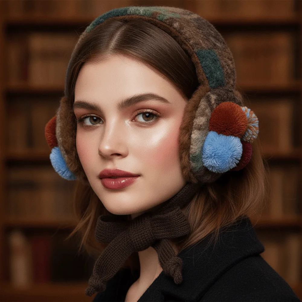 Brown Retro Knit Earmuffs Soft Thickened Lace Up Ear Warmer Color Block Windproof Tie Up Ear Covers Students