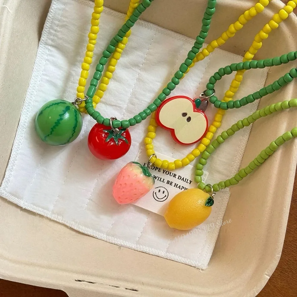 Dopamine Colored Apple Strawberry Lemon Fruits Pendant Bead Necklace for Women Y2K Cute Choker Trend Party Necklace Jewelry