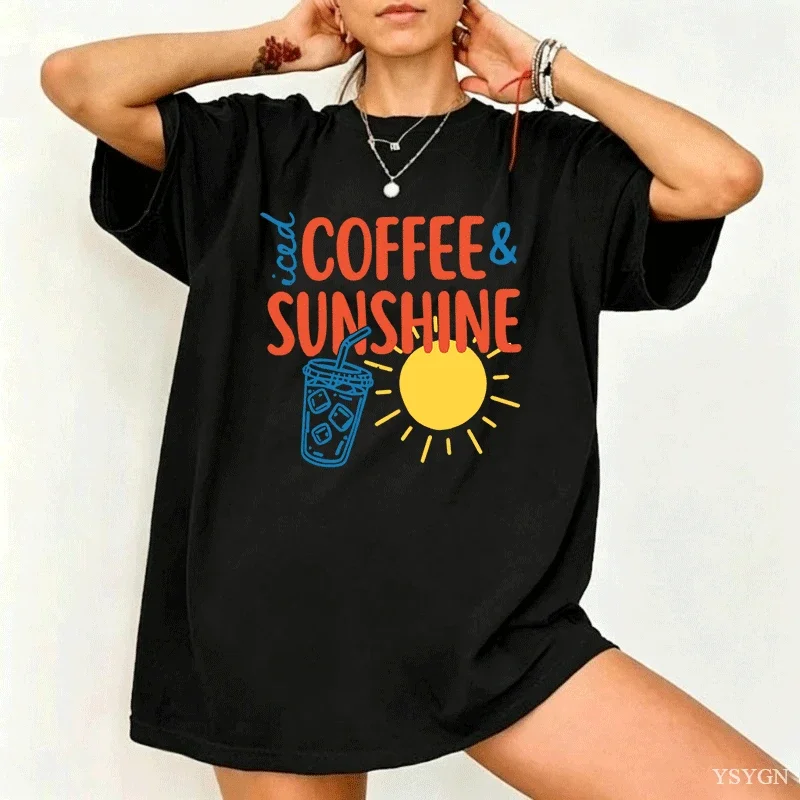 Iced Coffee and Sunshine T Shirt Summer Beach Iced Coffee Lover T-Shirt Trendy Summer Men Women Cotton Short Sleeve Tshirt