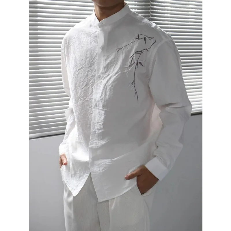 New Chinese Style Chinese Style Bamboo Embroidery Stand Collar Long Sleeve Shirt Casual Breathable National Style